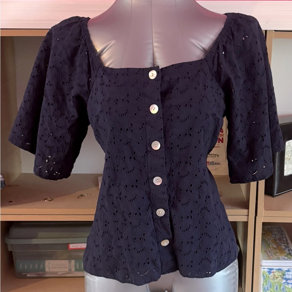 A New Day Eyelet Blouse Top Sz S Navy Button Down Short Sleeve Cottage Coquette